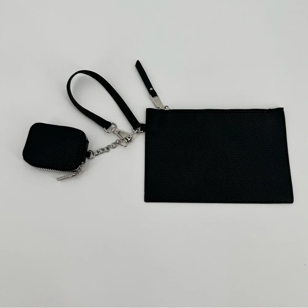 Steve Madden Black Pebbled Faux Leather 2 Piece Zip Pouches Silver Hardware